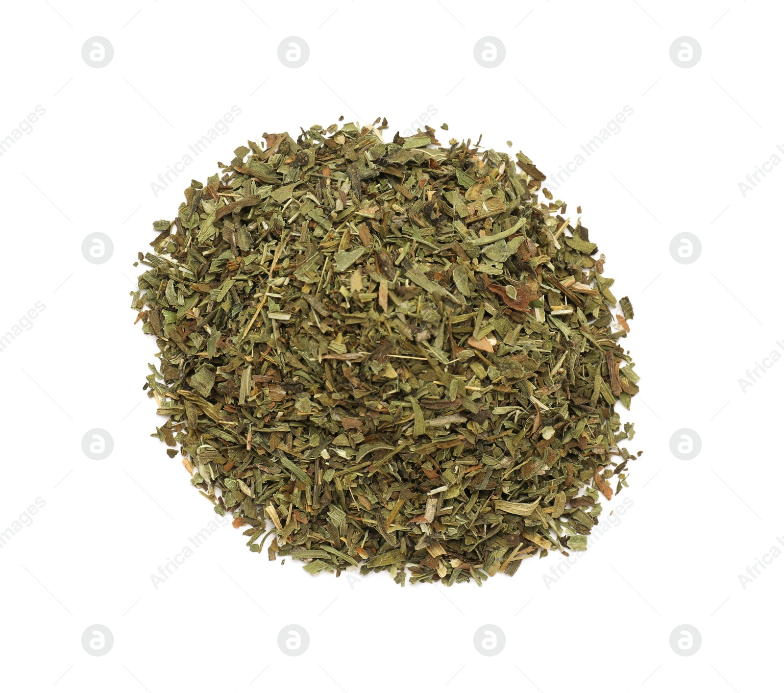 Photo of Pile of dry tarragon isolated on white, top view