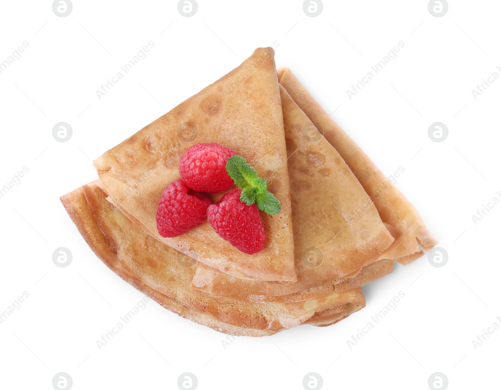 Photo of Delicious crepes with raspberries and mint on white background, top view