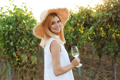 Young beautiful woman enjoying wine at vineyard