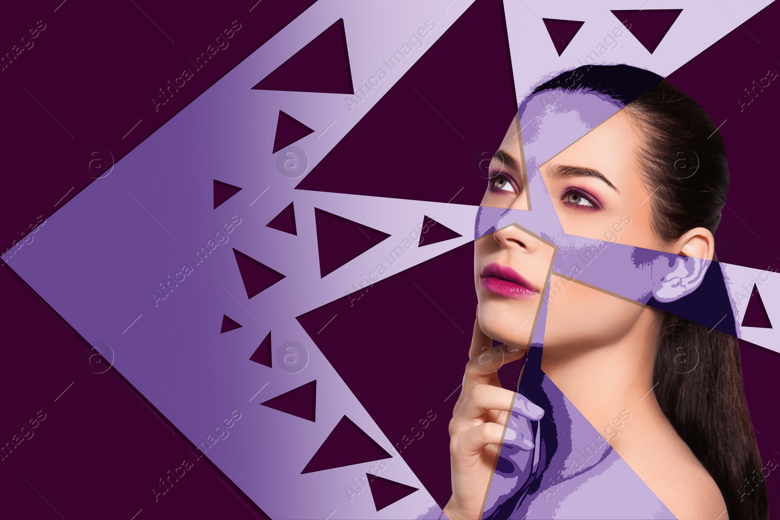 Image of Beautiful young model on color background. Contemporary art 