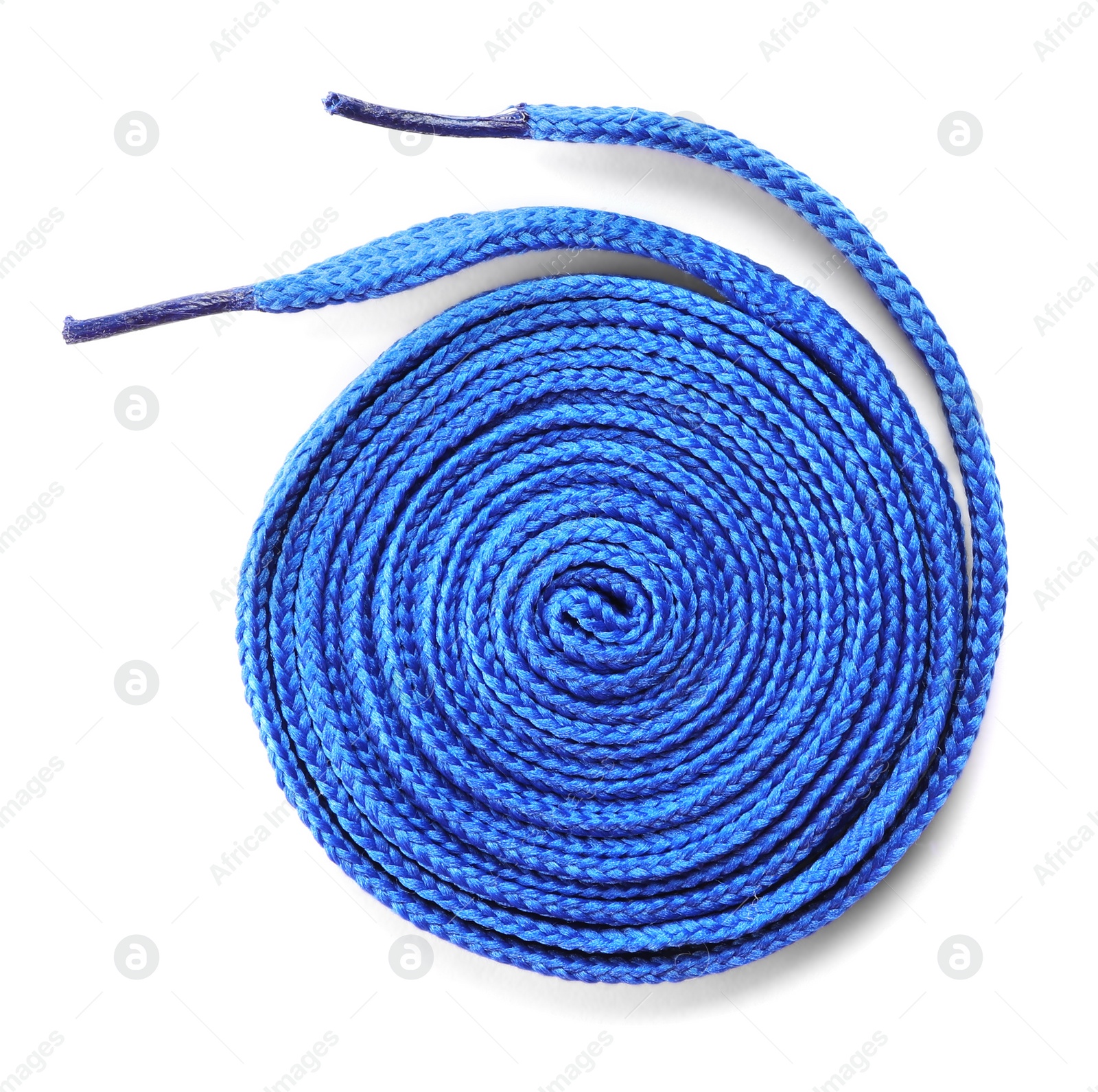 Photo of Blue shoe lace isolated on white, top view