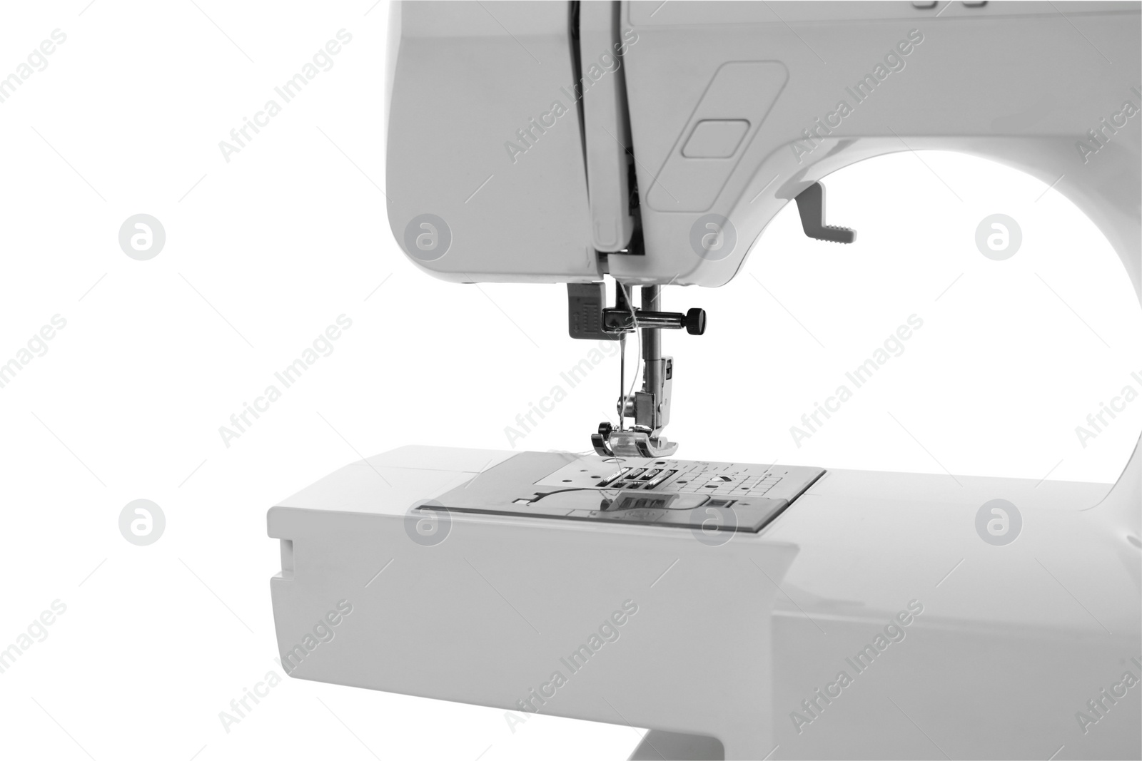 Photo of One modern sewing machine isolated on white