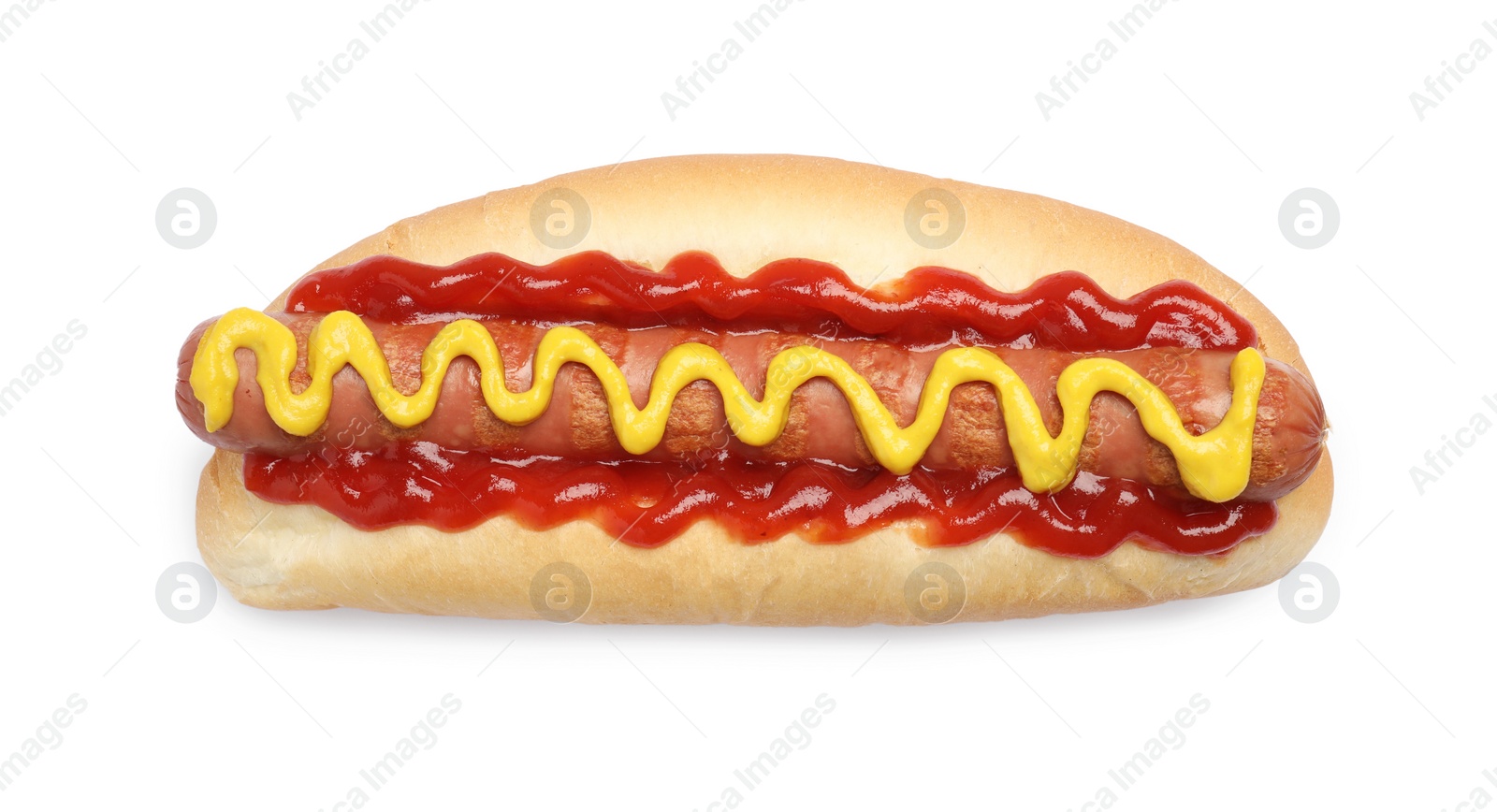 Photo of Delicious hot dog with mustard and ketchup on white background, top view