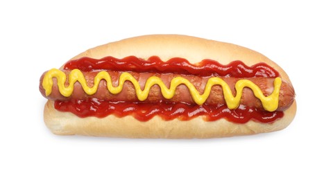 Delicious hot dog with mustard and ketchup on white background, top view