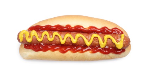 Photo of Delicious hot dog with mustard and ketchup on white background, top view