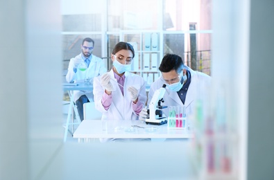 Photo of Young scientists working in laboratory. Chemical analysis