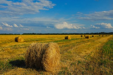 Beautiful view of agricultural field with hay bales