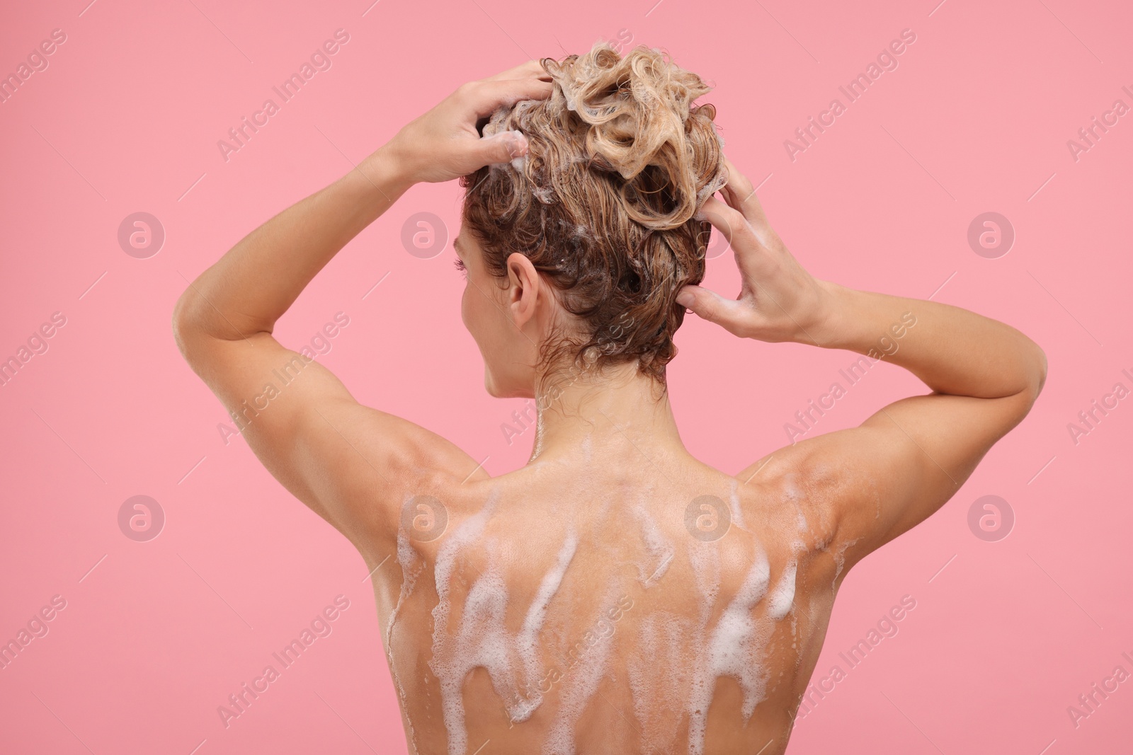 Photo of Woman washing hair on pink background, back view