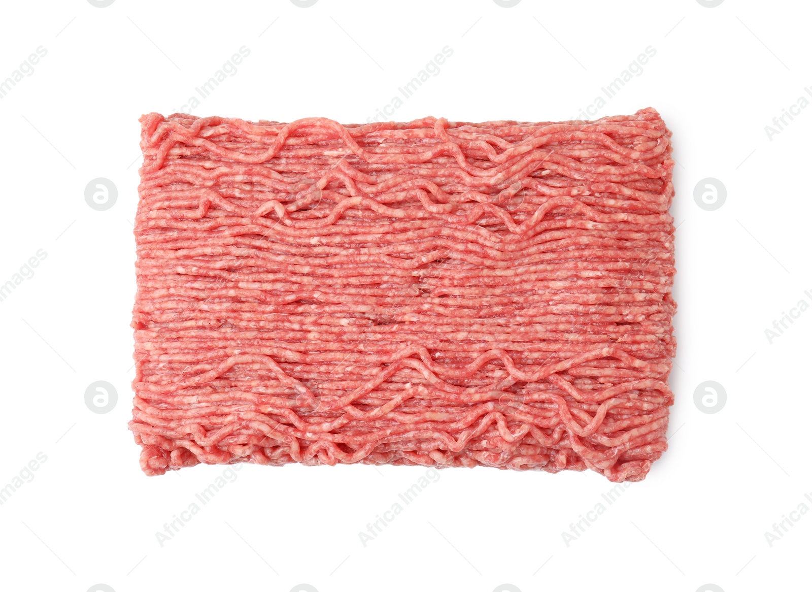 Photo of Fresh raw ground meat isolated on white, top view