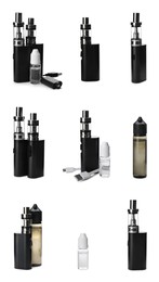 Image of Set with electronic smoking devices on white background