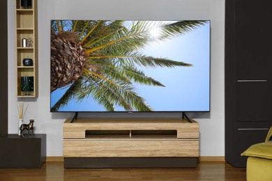 Image of Tv with nature show on screen in cozy room