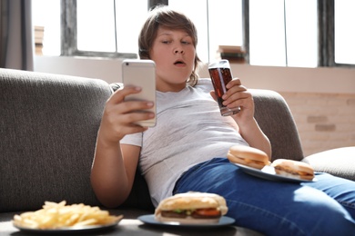 Overweight boy with fast food on sofa at home