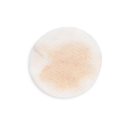 Photo of Dirty cotton pad after removing makeup on white background, top view