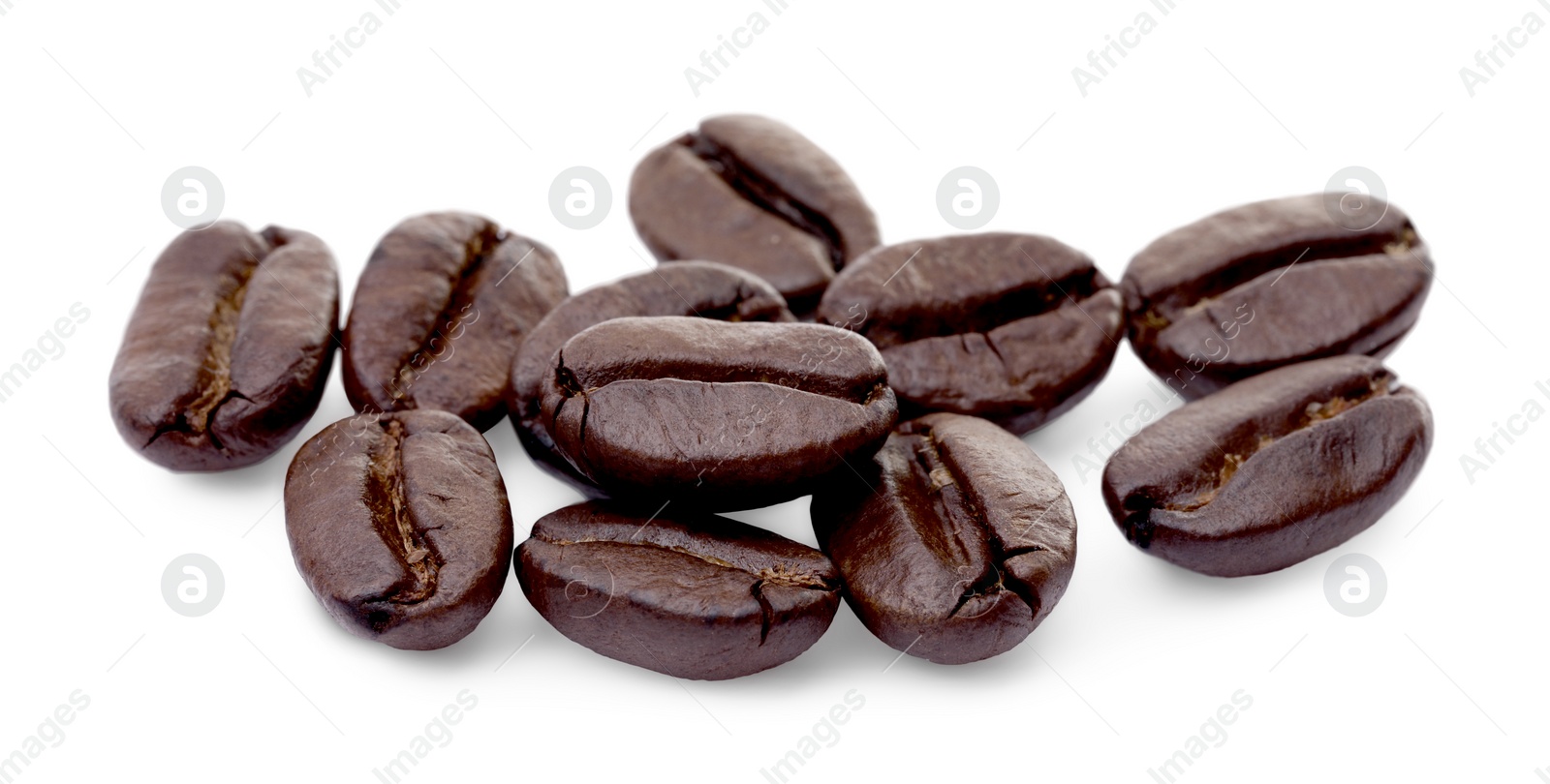 Photo of Many aromatic roasted coffee beans isolated on white