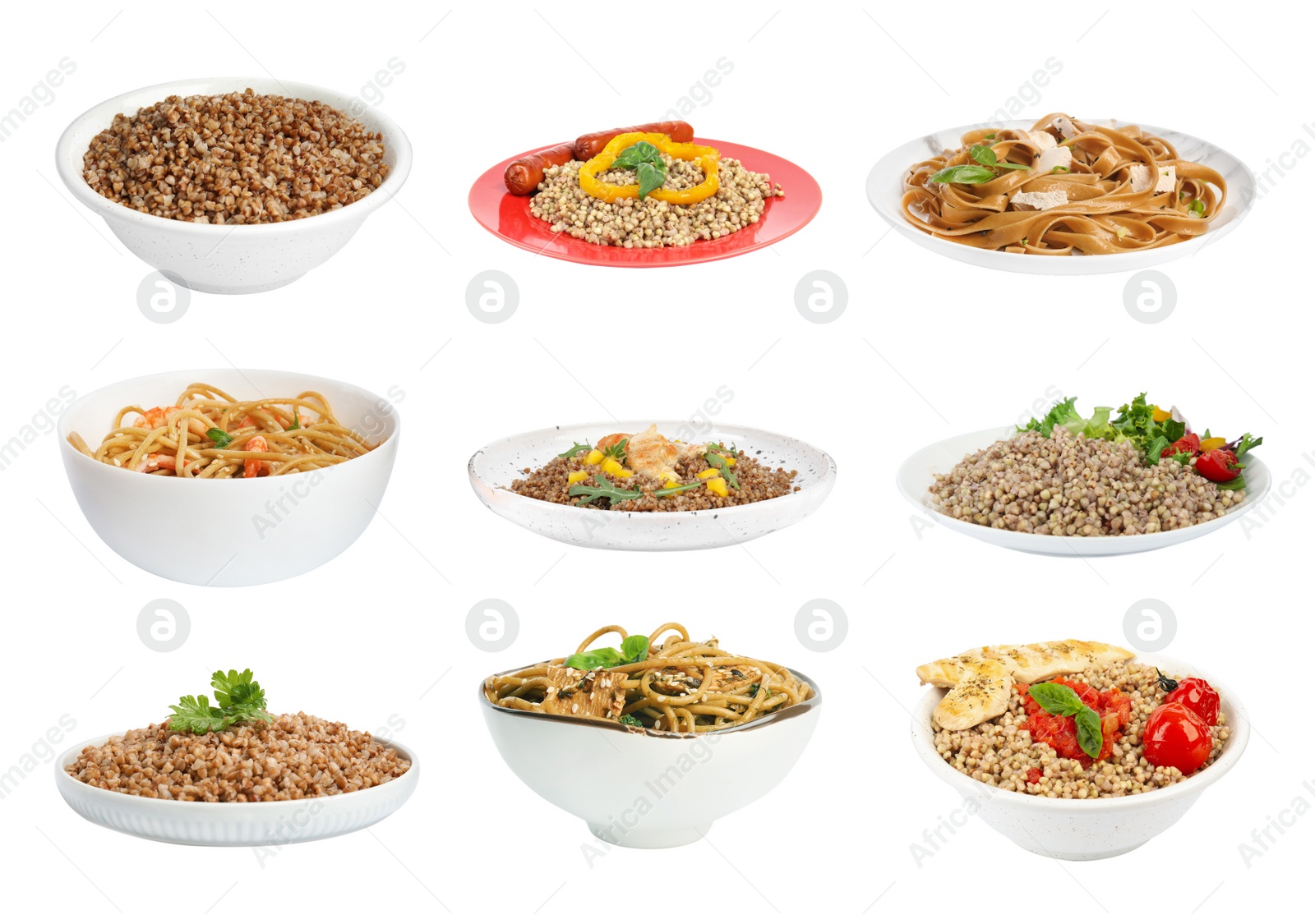 Image of Set with tasty buckwheat porridge and noodles on white background