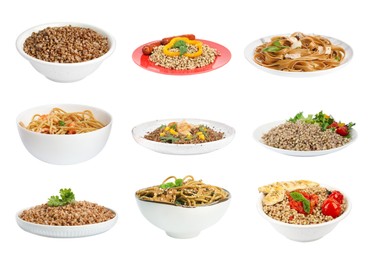 Image of Set with tasty buckwheat porridge and noodles on white background