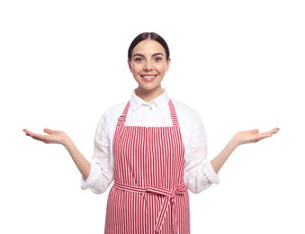 Young woman in red striped apron on white background