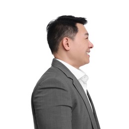 Businessman in suit posing on white background