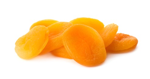 Photo of Pile of tasty apricots on white background. Dried fruits