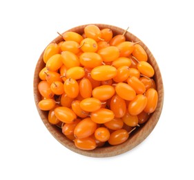 Photo of Fresh ripe sea buckthorn berries in bowl on white background, top view