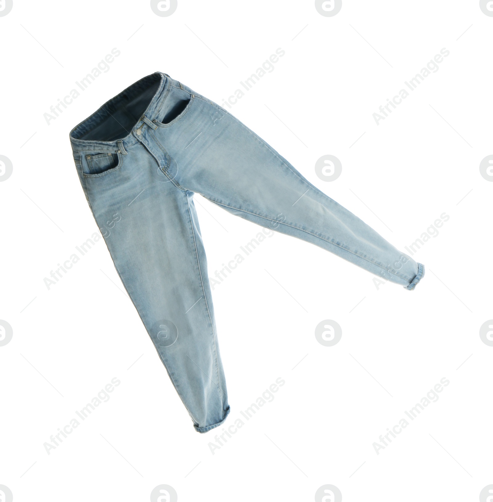 Photo of Blue jeans isolated on white. Stylish clothes