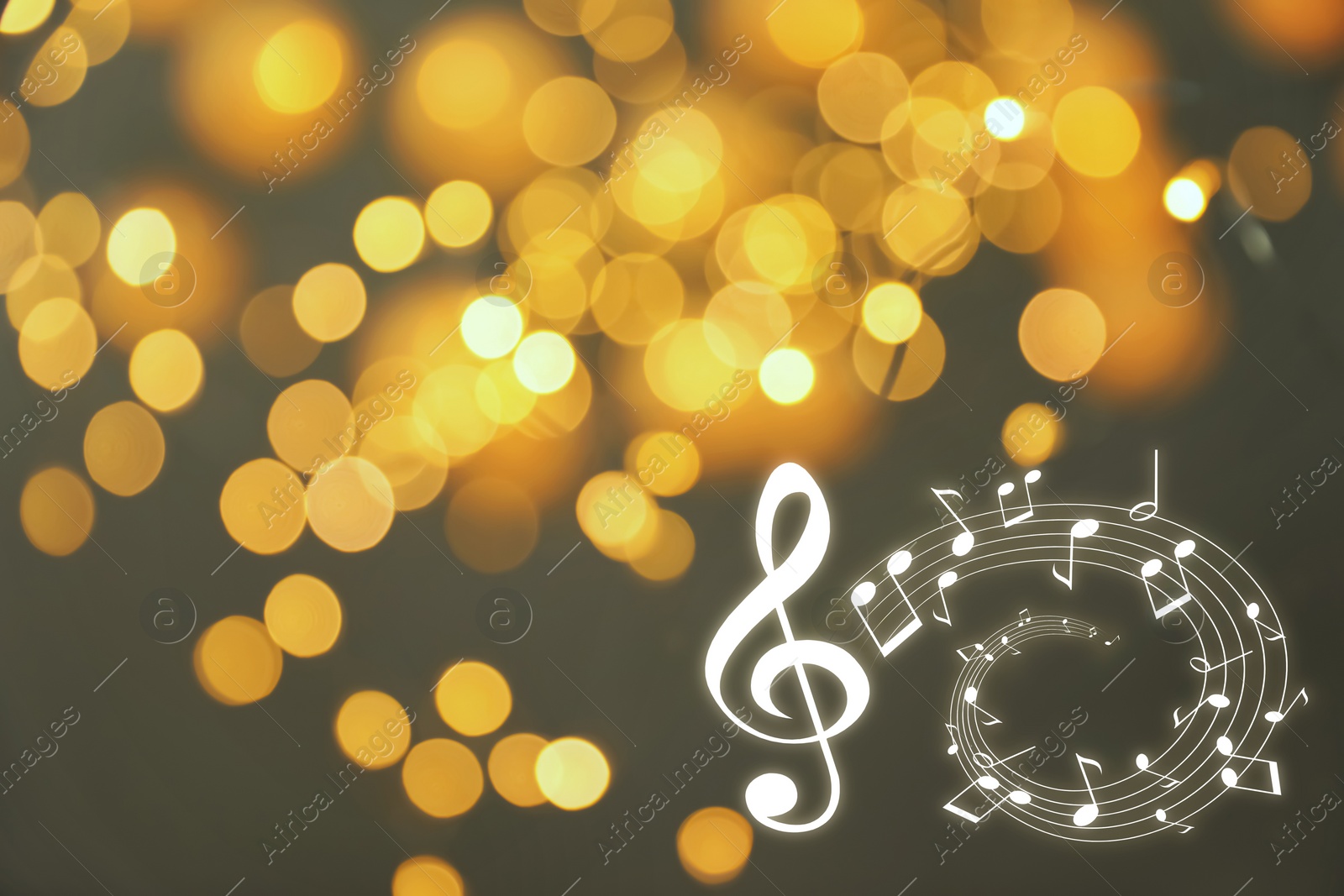 Image of Music notes on blurred background, bokeh effect