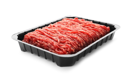 Photo of Fresh raw minced meat on white background