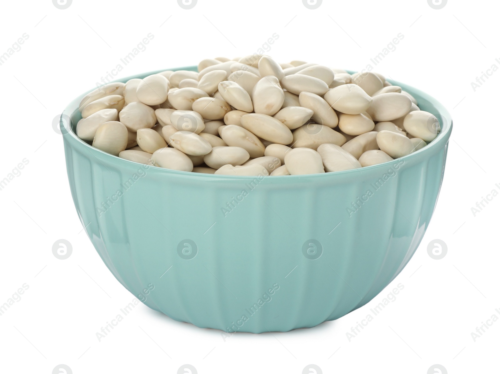 Photo of Bowl of uncooked navy beans isolated on white