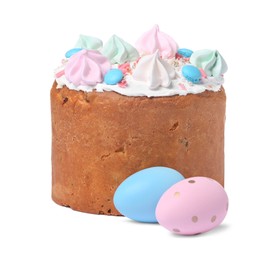 Traditional Easter cake with meringues and painted eggs isolated on white