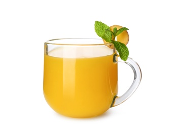 Photo of Immunity boosting drink with ginger and mint isolated on white