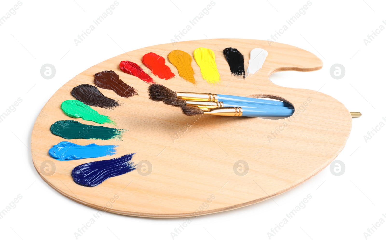 Photo of Palette with paints and brushes on white background. Artist equipment