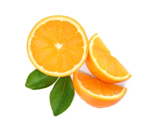 Photo of Fresh orange slices on white background, top view