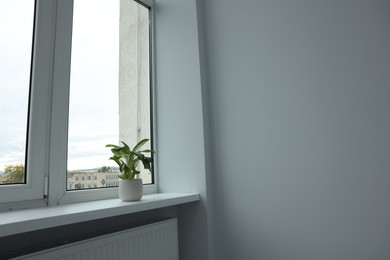 Photo of Windowsill with potted houseplant near light wall in room
