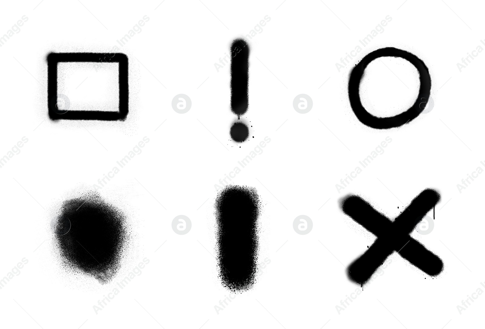 Illustration of Symbols drawn by black spray paint on white background, collage