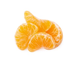 Photo of Pieces of fresh juicy tangerine on white background, top view