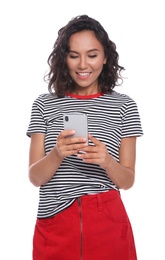 Photo of Happy young woman using smartphone on white background