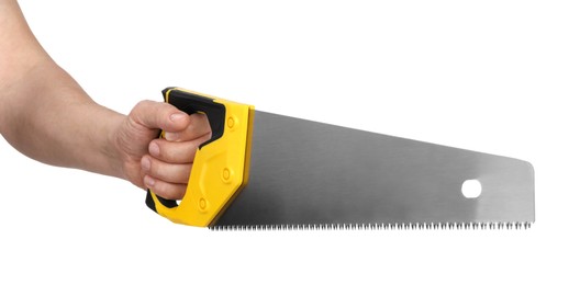 Photo of Man holding saw with yellow handle isolated on white, closeup