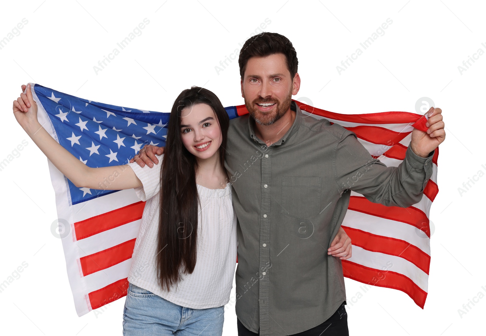 Image of 4th of July - Independence day of America. Happy father and his daughter with national flag of United States on white background