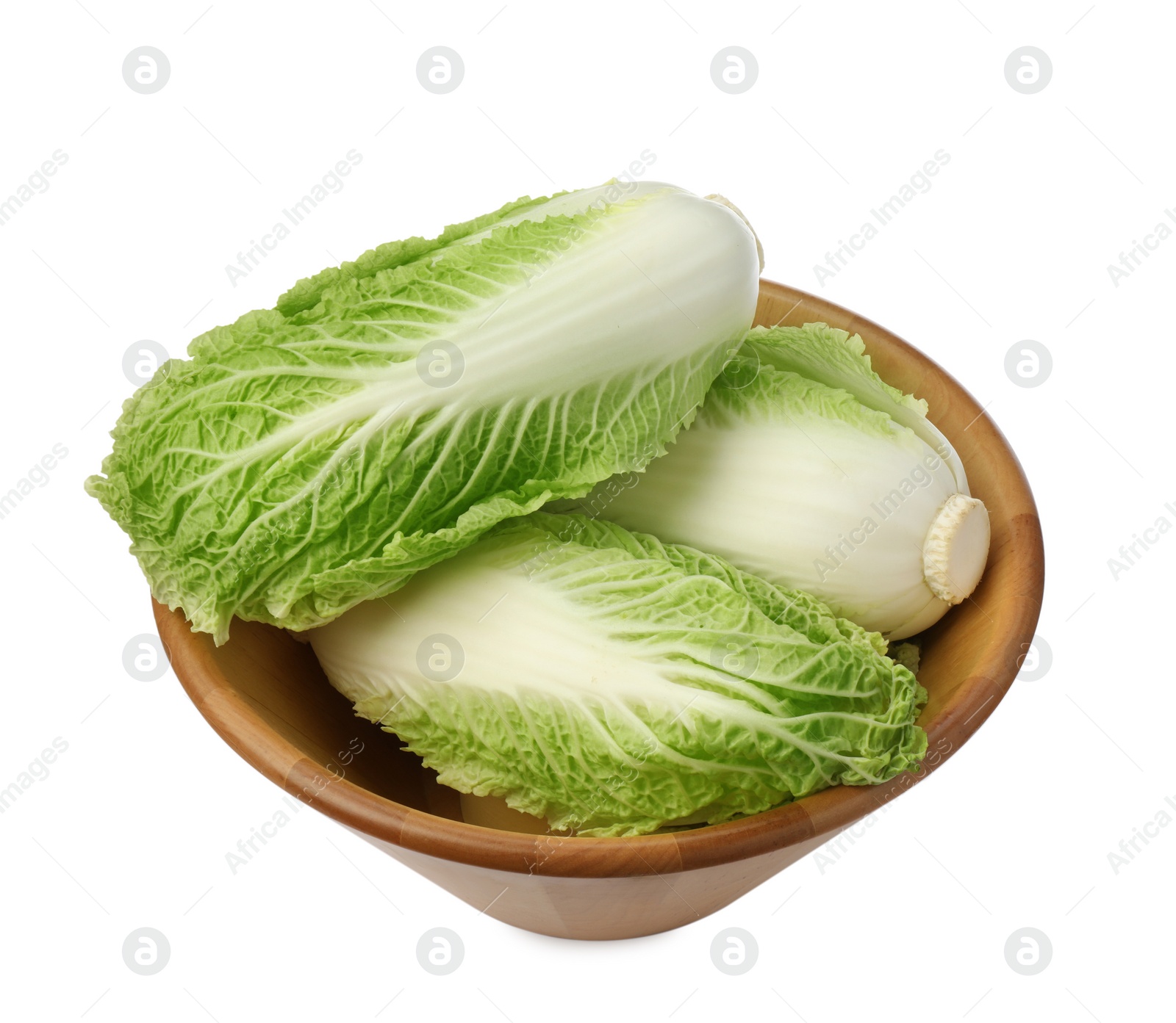 Photo of Fresh tasty Chinese cabbages in bowl on white background