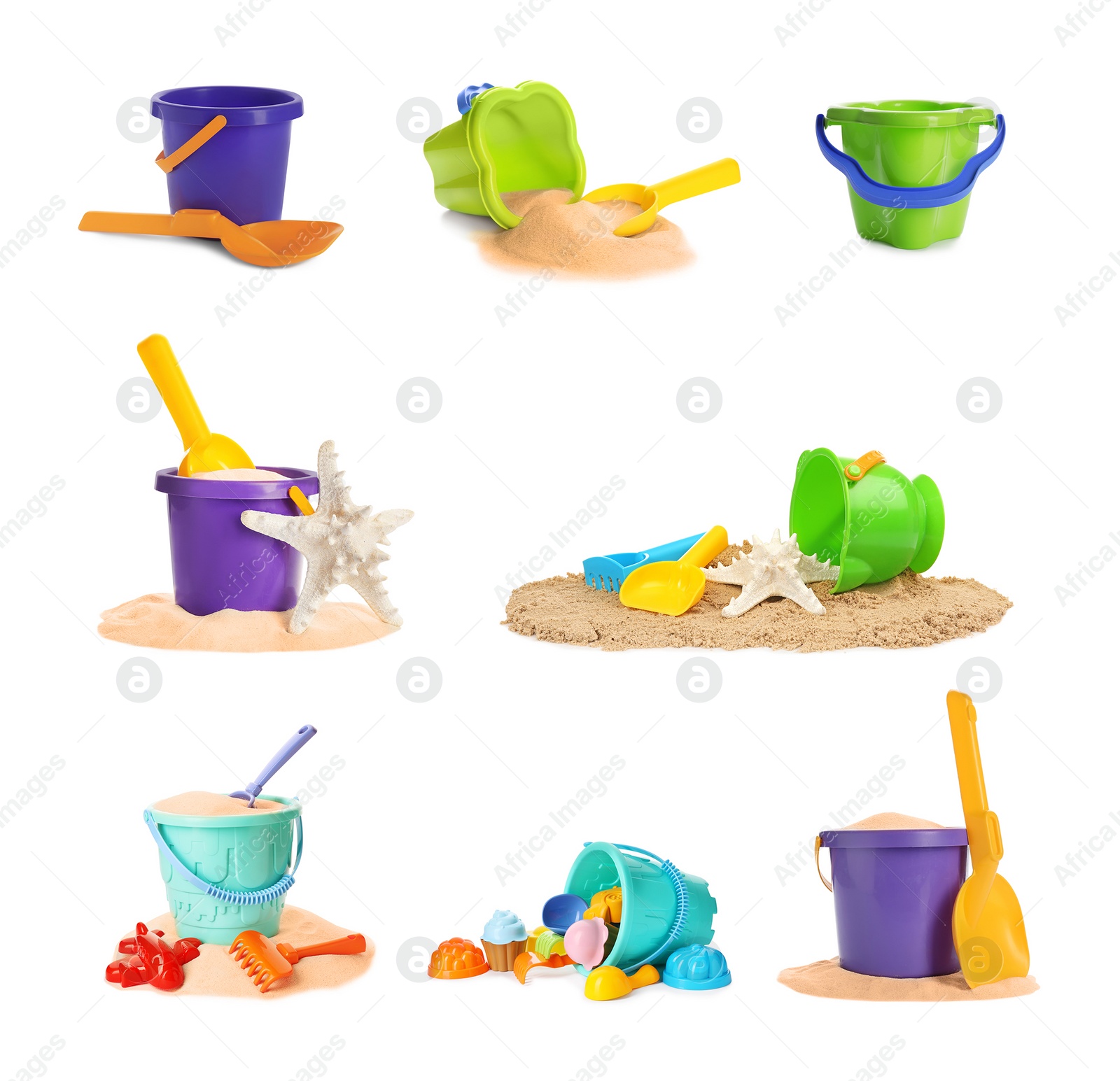 Image of Set of different plastic beach toys on white background 