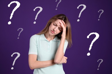 Image of Amnesia. Confused young woman and question marks on purple background