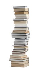 Photo of High stack of many different books isolated on white