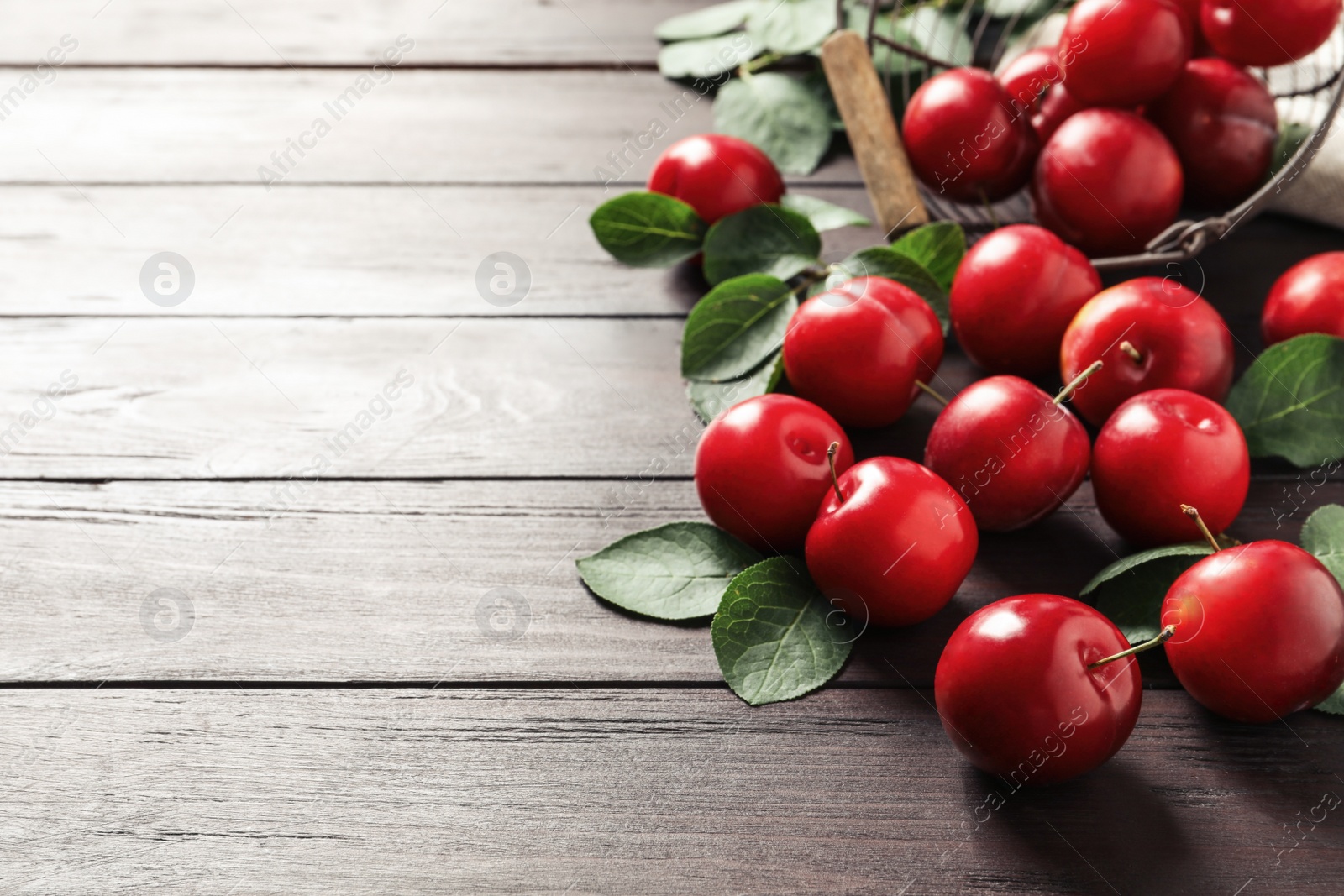 Photo of Delicious ripe cherry plums with leaves on wooden table. Space for text
