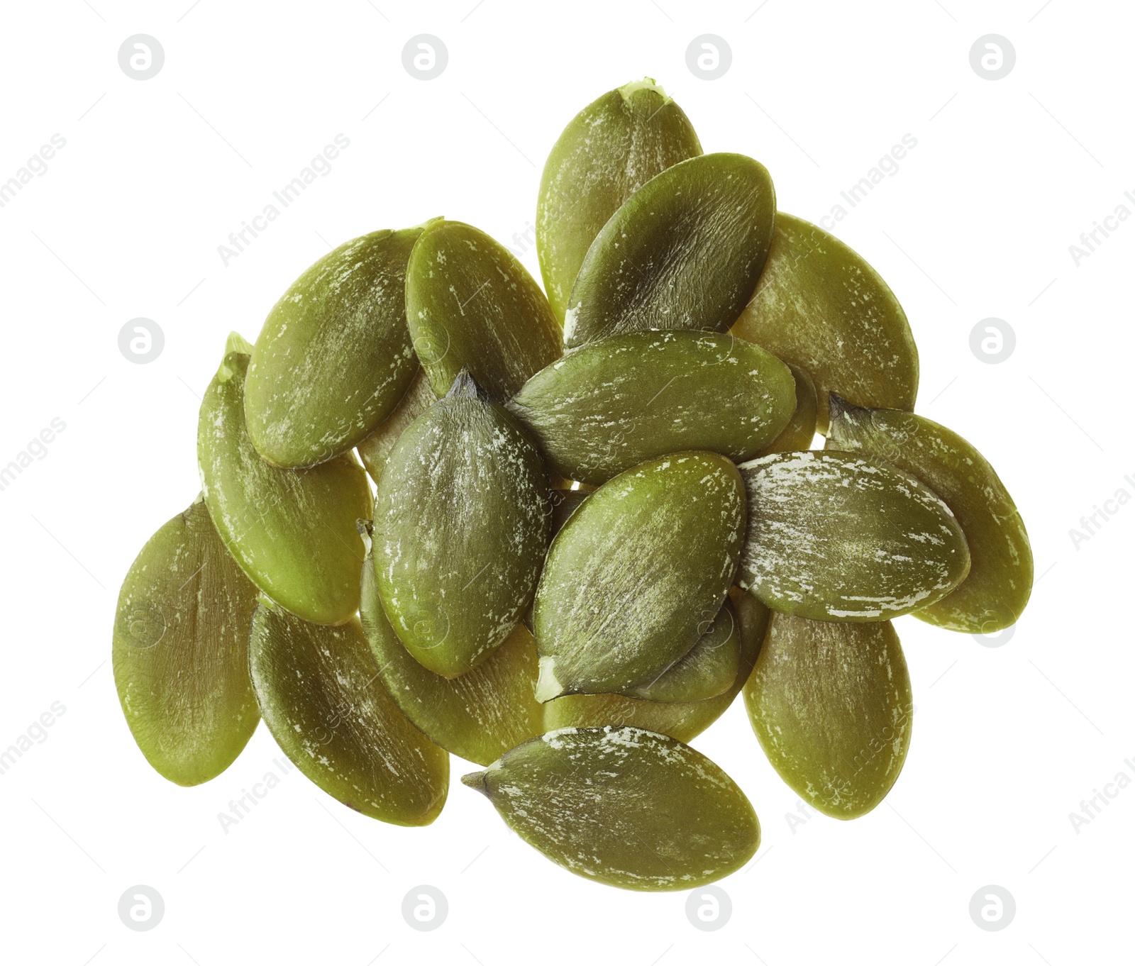 Photo of Pile of peeled pumpkin seeds isolated on white, top view