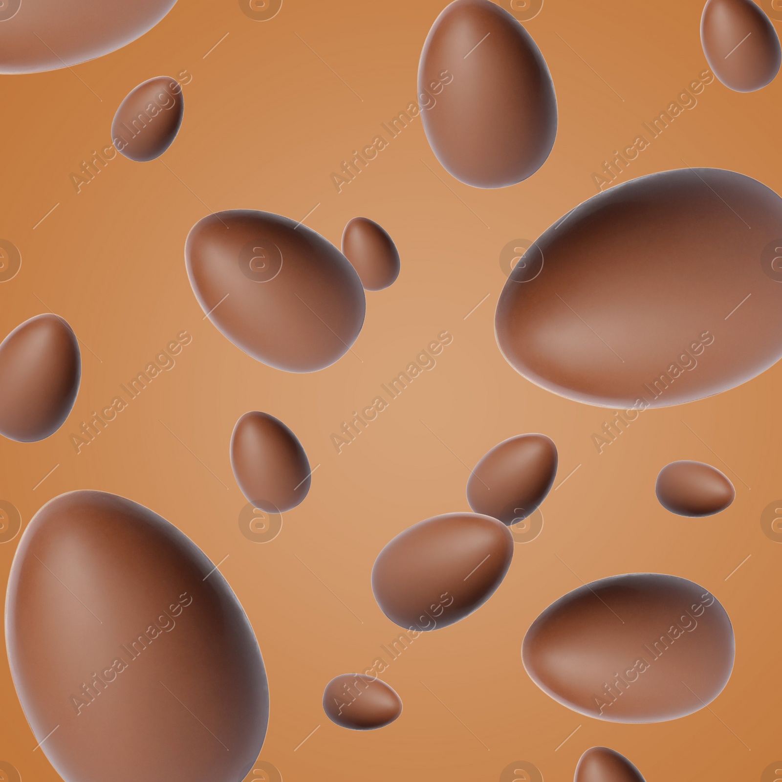 Image of Many chocolate eggs falling on light brown background