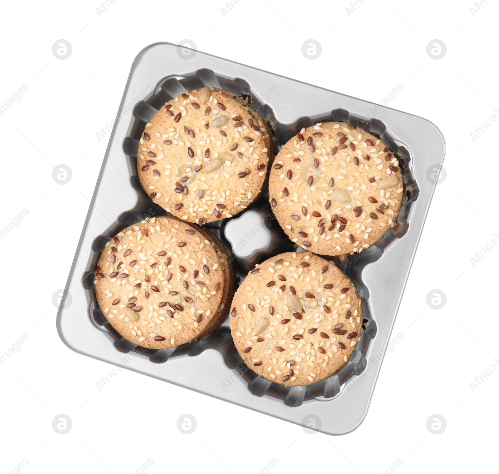 Photo of Cereal crackers with flax, sunflower and sesame seeds isolated on white, top view