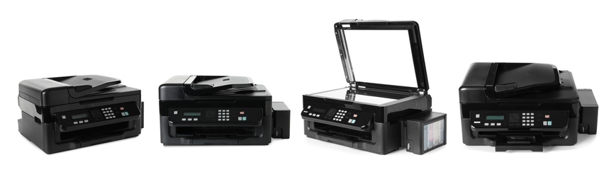 Image of Modern multifunction printer on white background, views from different sides. Banner design
