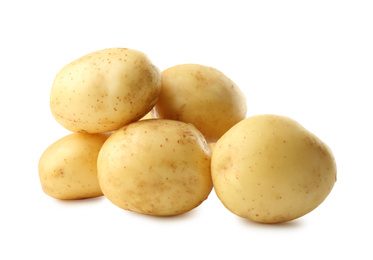 Photo of Fresh raw organic potatoes on white background