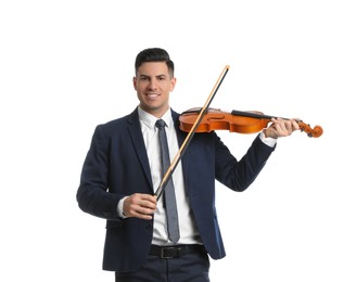 Photo of Man with violin and bow on white background. Music teacher