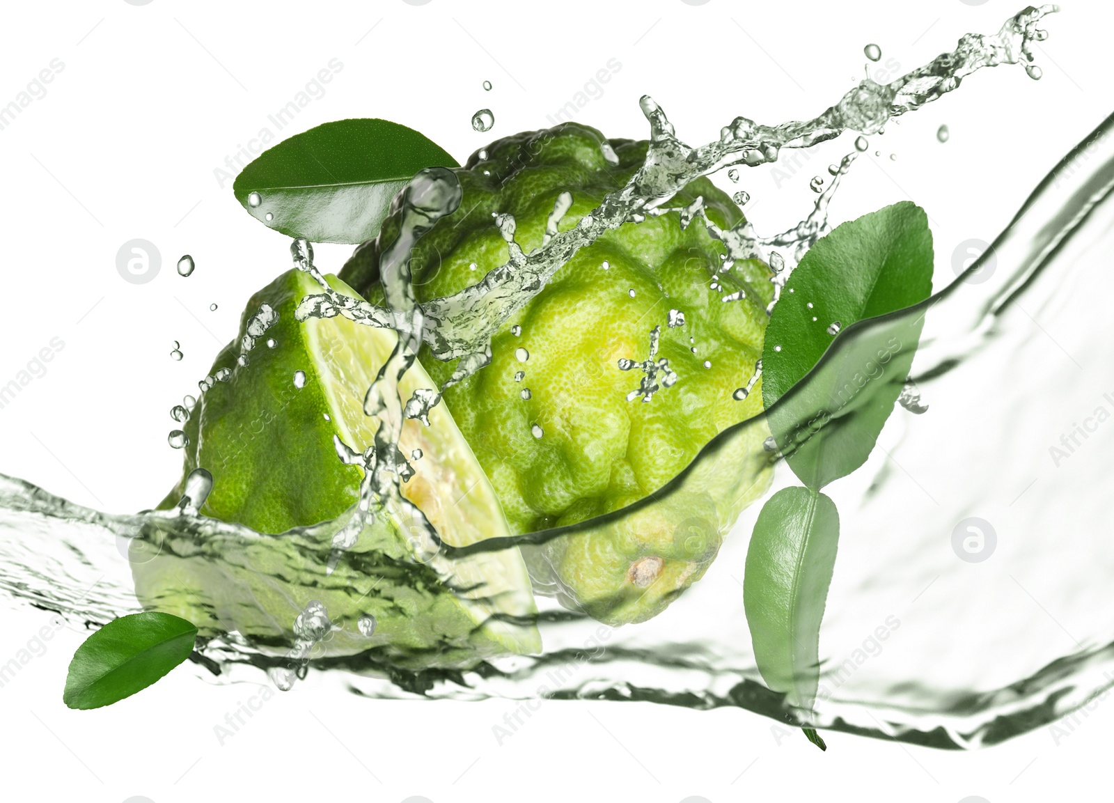 Image of Fresh ripe bergamot fruits, green leaves and splashing water on white background